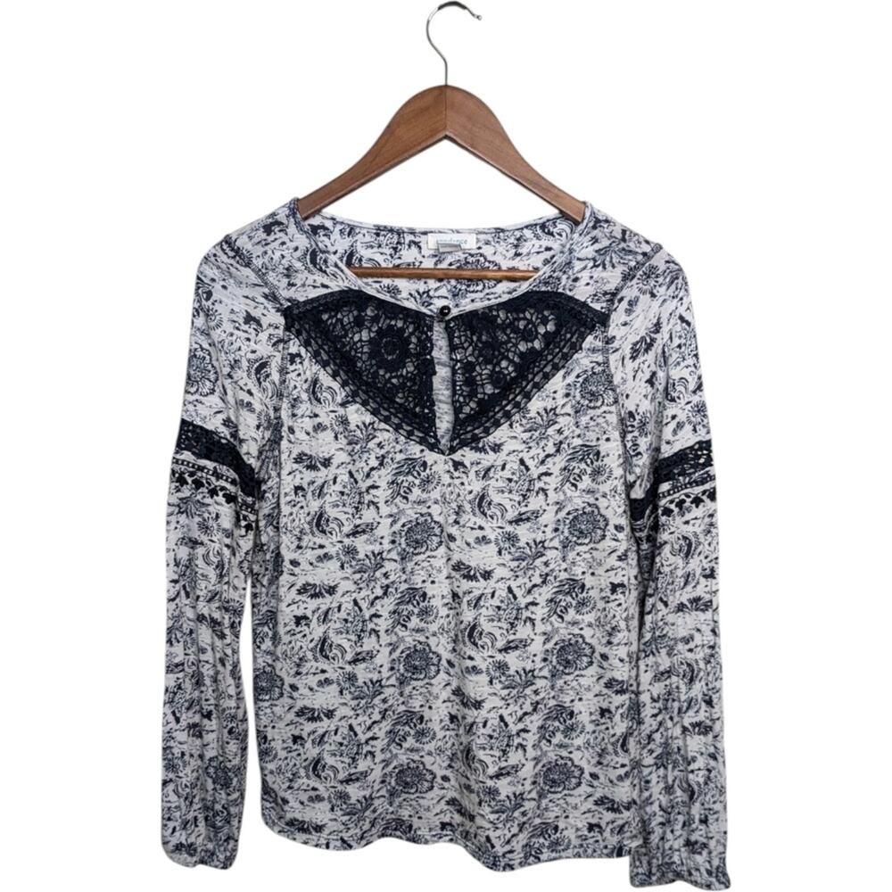 Sundance Eyelet Crochet Floral Print Long Sleeve Top XS Cottagecore Boho Feminin